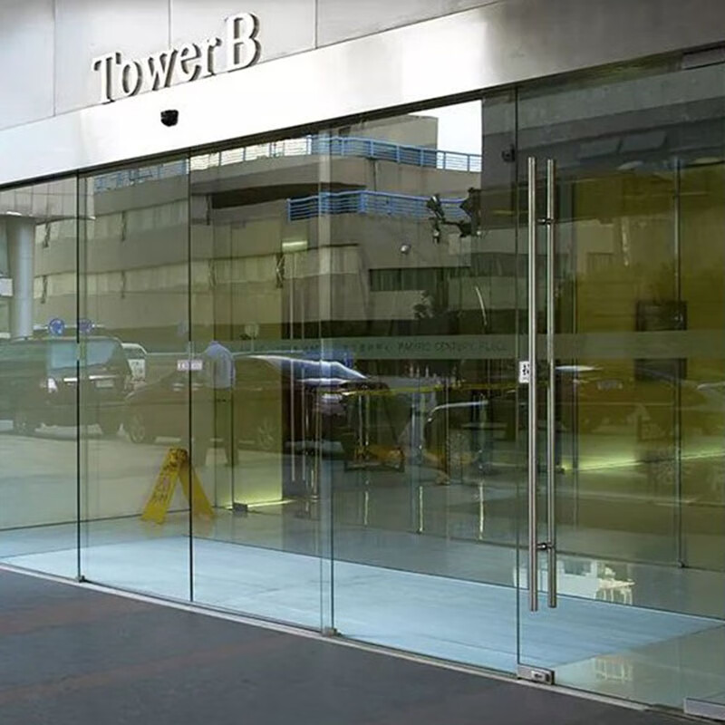 Guangzhou automatic glass door manufacturer Qingyuan induction glass door Guangdong stainless steel glass sliding door black