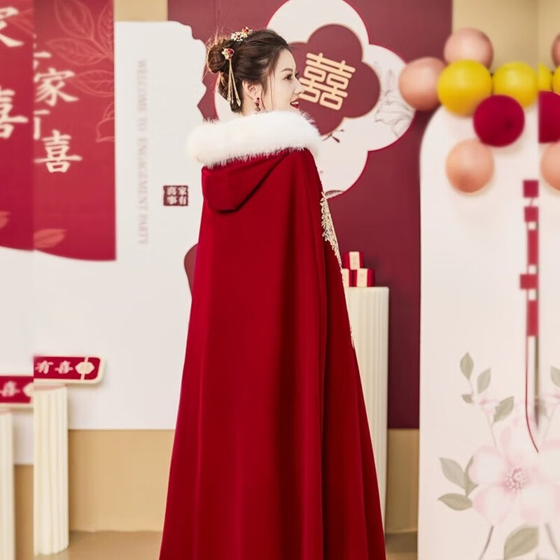 Libaixin 2025 New Chinese Style Bridal Xiuhe Cloak Wedding Shawl with Winter Thickened Hanfu Large Fur Collar Cloak Burgundy Style A Thickened One Size