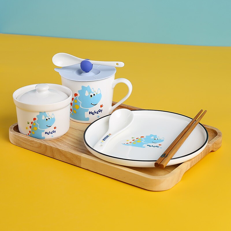 CiH Dinosaur ceramic water-proof stew pot with lid, inner pot steamed egg cup, household small soup cup, steam bowl with lid, 4 dinosaur straight stew pots + 4 spoons