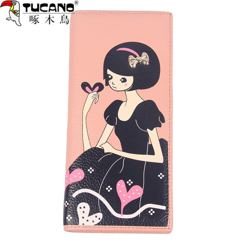 Woodpecker (TUCANO) Women's Wallet Long Thin Leather New Style Fashion Simple First Layer Cowhide Women's Wallet Student Wallet Pink Love Style