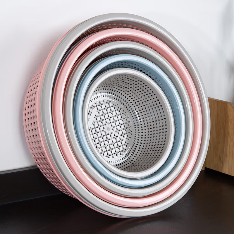 Tanqi kitchen drain basket plastic fruit washing sieve vegetable sieve household vegetable basin extra thick round hollow vegetable basket three-piece set pastoral powder large single (41cm)