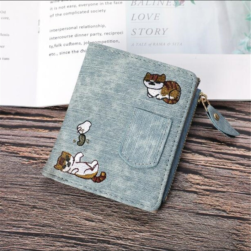 Ins card holder wallet all in one female short style student Korean style cute Japanese girl simple thin folding cat coin clip gray blue