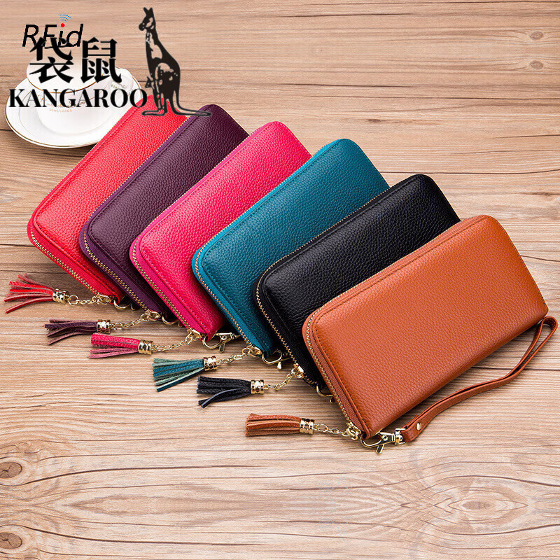 Kangaroo (KANGAROO) 2025 Chinese Valentine's Day genuine leather women's wallet anti-theft brush large capacity long cowhide card bag mobile phone bag for women multi-color optional black