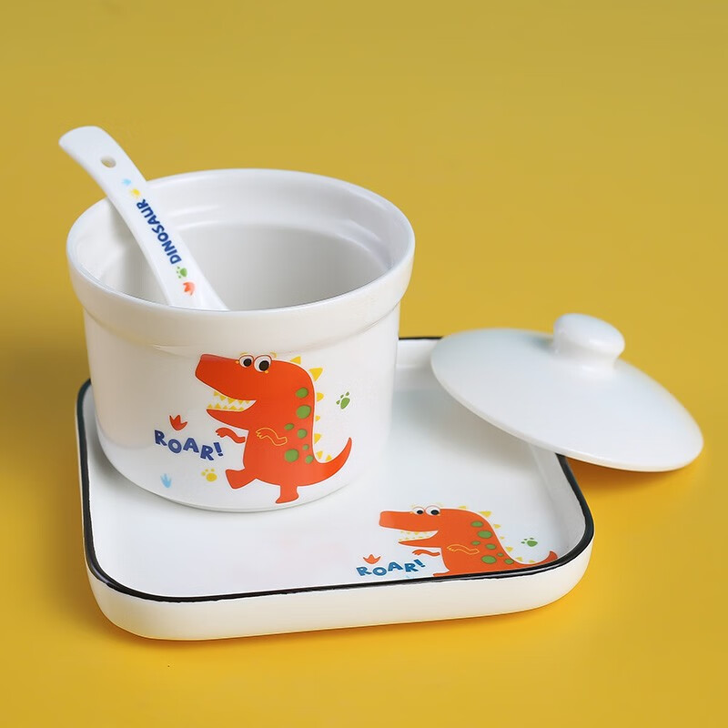 CiH Dinosaur ceramic water-proof stew pot with lid, inner pot steamed egg cup, household small soup cup, steam bowl with lid, 4 dinosaur straight stew pots + 4 spoons