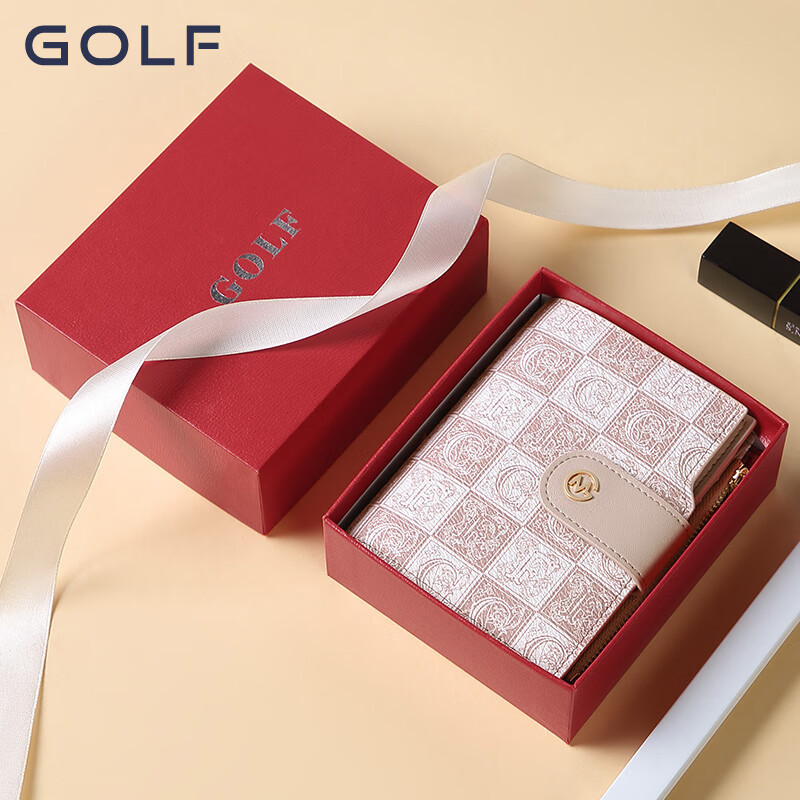 Golf (GOLF) short wallet for women, fashion print, women's coin purse, multi-card slot bag, women's bag, versatile clutch bag, gift box, pink apricot color with beige color