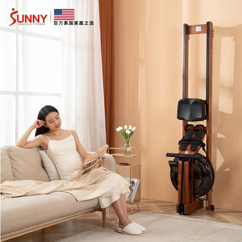 SUNNY American rowing machine household water resistance intelligent wooden rowing machine indoor sports fitness equipment rowing machine real-life APP | imported Sapele wood