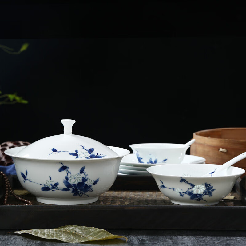 Jingdezhen official ceramics hand-painted Shandandan tableware set blue and white exquisite bowl and dish set underglaze color housewarming high-end gift hand-painted Shandandan tableware for 10 people 56 pieces