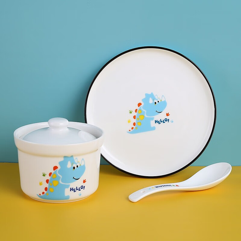 CiH Dinosaur ceramic water-proof stew pot with lid, inner pot steamed egg cup, household small soup cup, steam bowl with lid, 4 dinosaur straight stew pots + 4 spoons