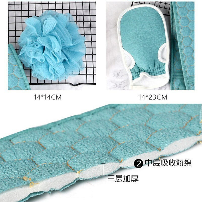 PAIDAI bath towel, adult bath towel, back strip, bath ball, bath towel, frosted thickened set, three-piece bath set, blue