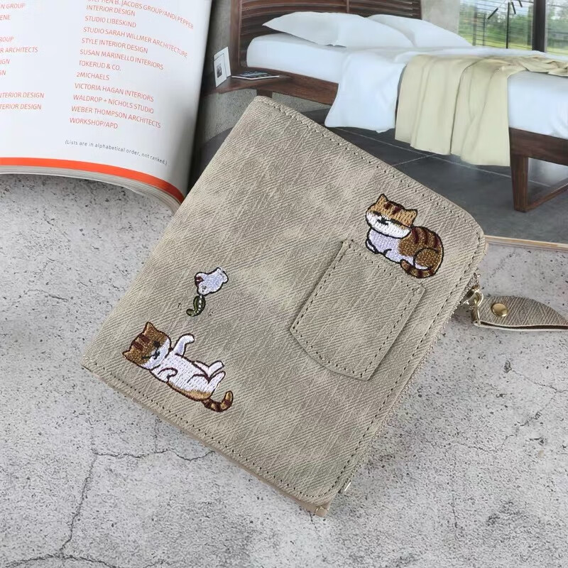 Ins card holder wallet all in one female short style student Korean style cute Japanese girl simple thin folding cat coin clip gray blue