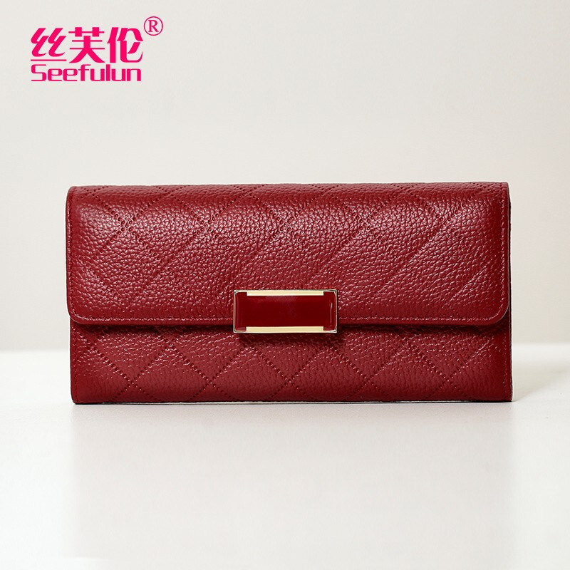 Sephoron New Year Pure Cowhide Long Hand Wallet Women's 2026 New Genuine Leather Large Capacity Wallet for Mobile Phone Wallet Burgundy