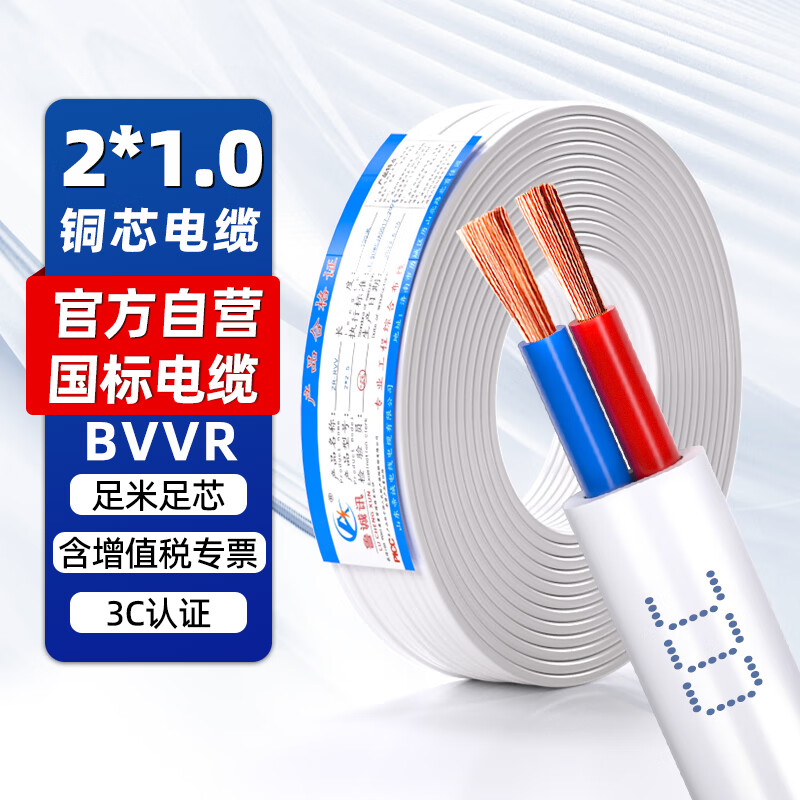 Lu Chengxun national standard wire RVVB2*1.0 300/500V white soft wire 50 meters oxygen-free copper core household flame retardant and anti-aging