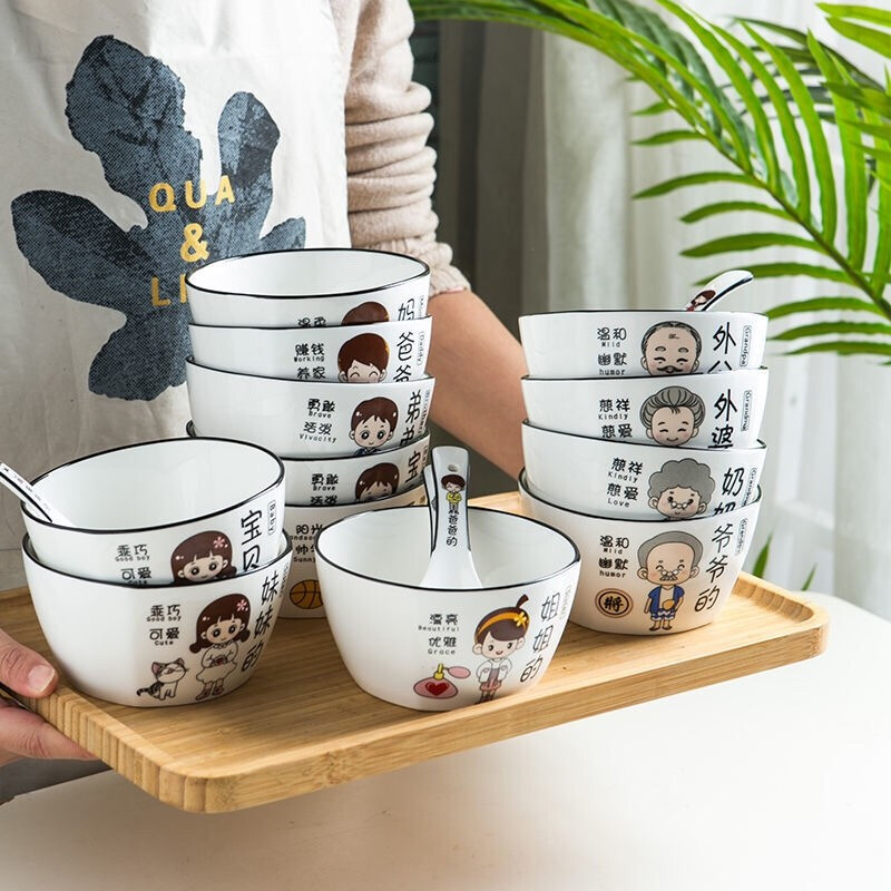 Xiderun Bowl Family Family Parent-Child Set Family of Four Cute Rice Ceramic Family Dining Set 6 pcs Remarks required, random delivery if no remarks