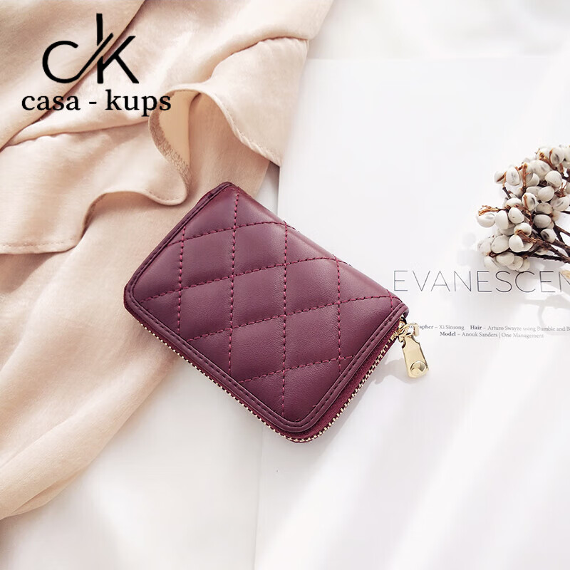 Casa-kupsCK women's bag genuine leather coin purse small fragrant sheepskin diamond card bag women's compact 2024 new multi-card zipper black newly upgraded anti-theft brush