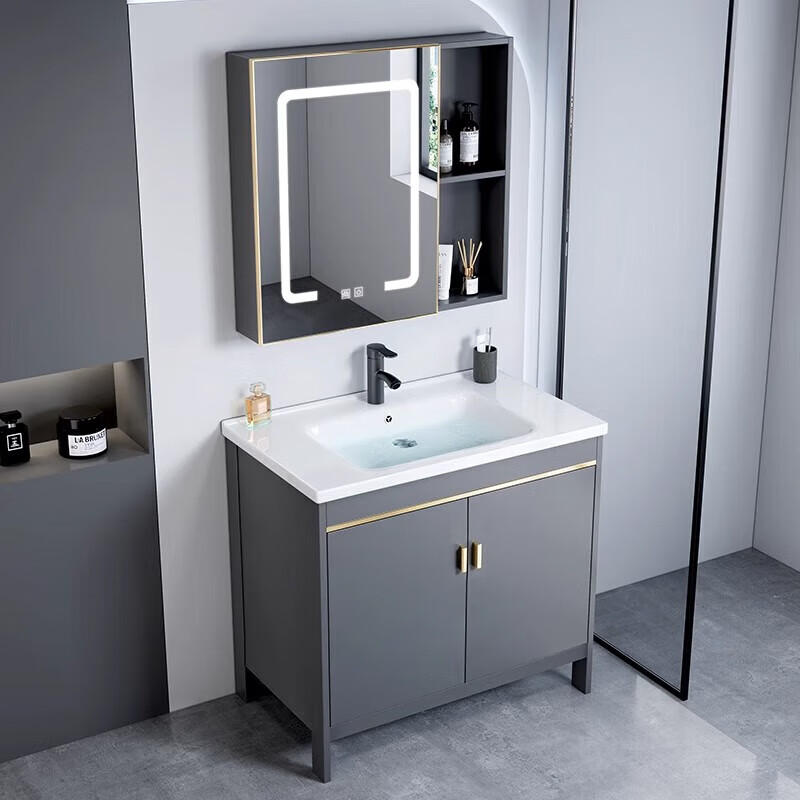 Youlai Coco floor-standing bathroom cabinet ceramic integrated basin wash basin cabinet combination bathroom wash basin wash basin space aluminum gentleman gray floor-to-ceiling door 60cm