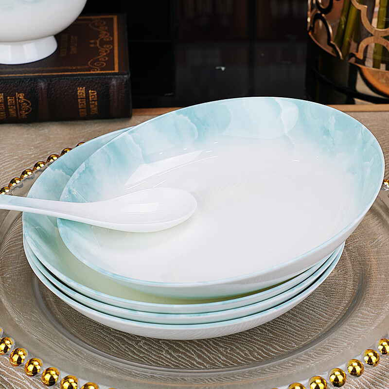 Guoyue Jingdezhen bowls and plates, light luxury underglaze color dinner plates, household ceramic rice plates, bone china dishes, simple Western dinner plates, Yunjin Wanli 8-inch deep plates, 4 pieces