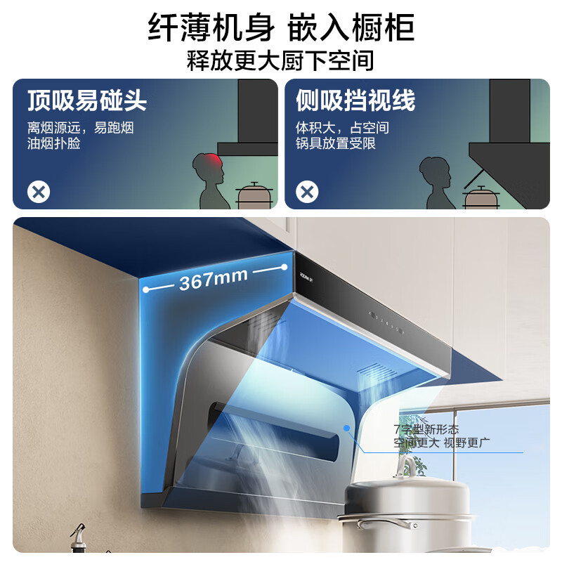 Boss Xiaoheiyi exhaust range hood top side double-suction 7-shaped hood household range hood first-class energy efficiency range hood trade-in range hood set flat embedded 20A8S