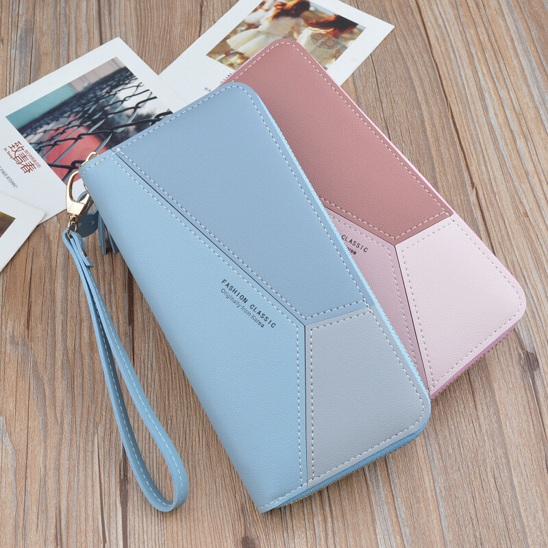 SHU GUO ER Japanese and Korean women's wallet women's long zipper tassel splicing clutch bag large capacity new student wallet mobile phone bag pink