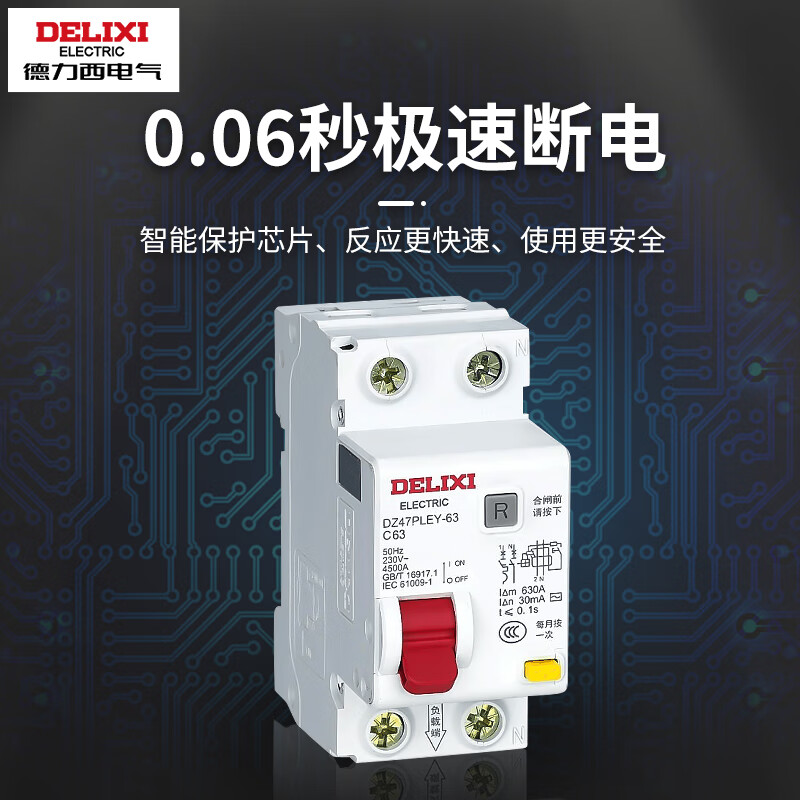 Deli leakage protection DZ47PLES single chip single hole circuit breaker 1p air switch with leakage protection 63A 1P