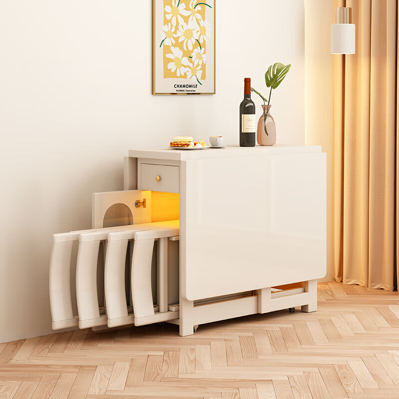 Senneng solid wood folding dining table cream style movable small-sized home Nordic retractable multi-functional dining table side cabinet 1.7 meters solid wood folding dining table + folding chairs *4