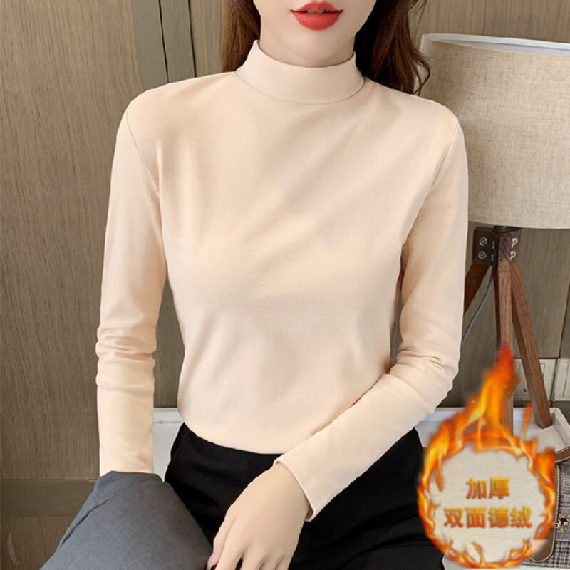 Weilang bottoming shirt for women two-piece double-sided German velvet half turtleneck warm bottoming shirt top autumn and winter slim fit versatile long-sleeved T-shirt two-piece black + brown 938# XL- 120-135 catties