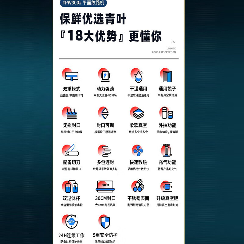 Qingye Household Vacuum Machine Commercial Packaging Machine Food Preservation Fully Automatic Small Vacuum Sealing Machine No Bag Inflation PW300+Double Pump/Cutter/Inflation+No Bag Picking