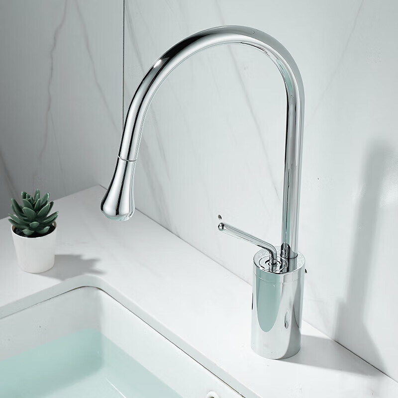 Qian Dushan gun gray pull-out faucet countertop basin heightened bathroom wash basin full copper telescopic rotating faucet hot and cold S silver medium style