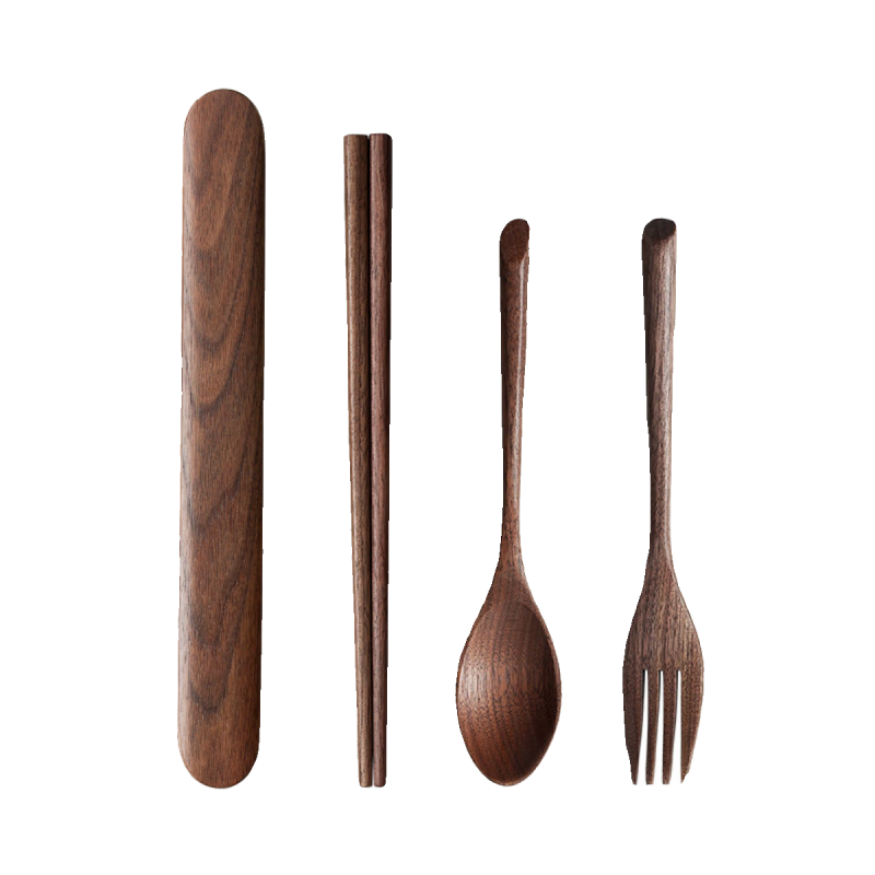 ZISIZ walnut chopsticks and spoon set portable tableware three-piece set single solid wood chopstick storage box customized walnut chopsticks + spoon + fork + ethnic cloth bag
