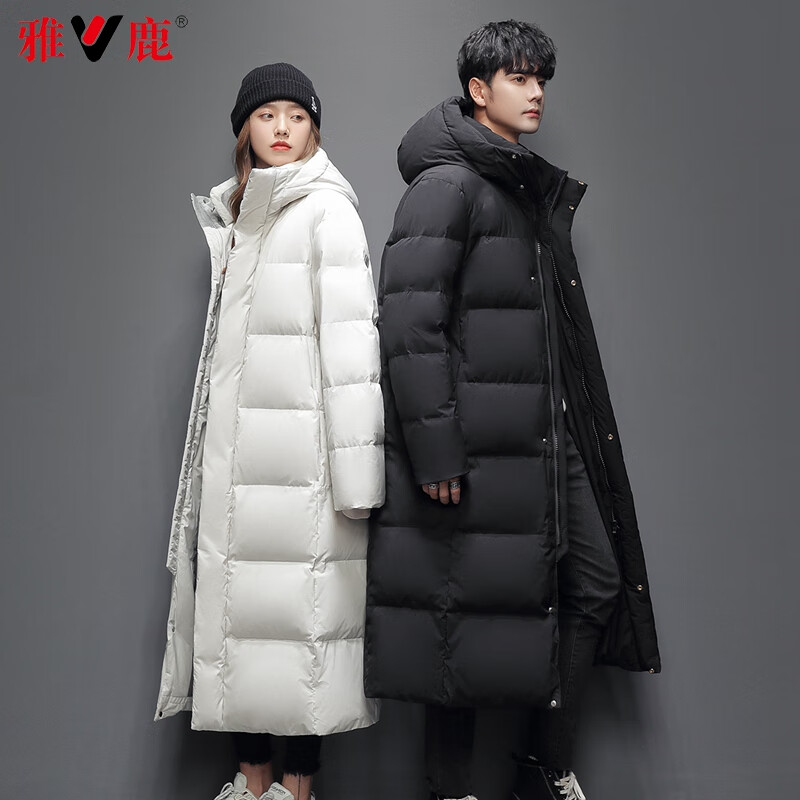 Yalu down jacket for men and women, winter knee-length, thickened, cold-resistant and warm duck down, fashionable hooded couple jacket