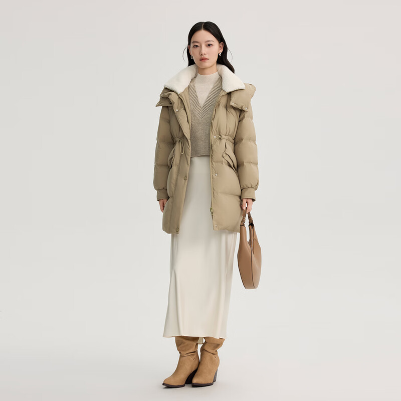 Elai imitation lamb fur collar down jacket women's mid-length coat warm new year coat elegant green M