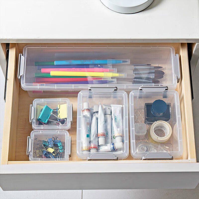 Yizhuanyuan Transparent Storage Box Desktop Sundries Office Stationery Storage Box Plastic Small Mini Box with Cover Rectangular Large (1 Pack)