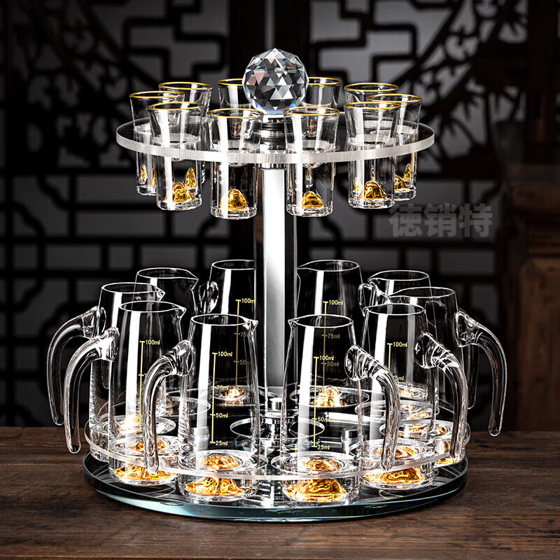 Depinte high-end liquor cup dispenser set rotating cup holder bullet cup wine glass wine set Blue Mountain wine dispenser set 10 pots 10 cups rotating cup holder