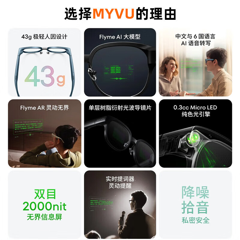 STARV MYVU smart ai glasses voice transcription subtitles hearing aid equipment for the hearing impaired Meizu AR smart glasses translation bilingual speech teleprompter glasses meeting records AI enamel gray real-time translation speech prompter