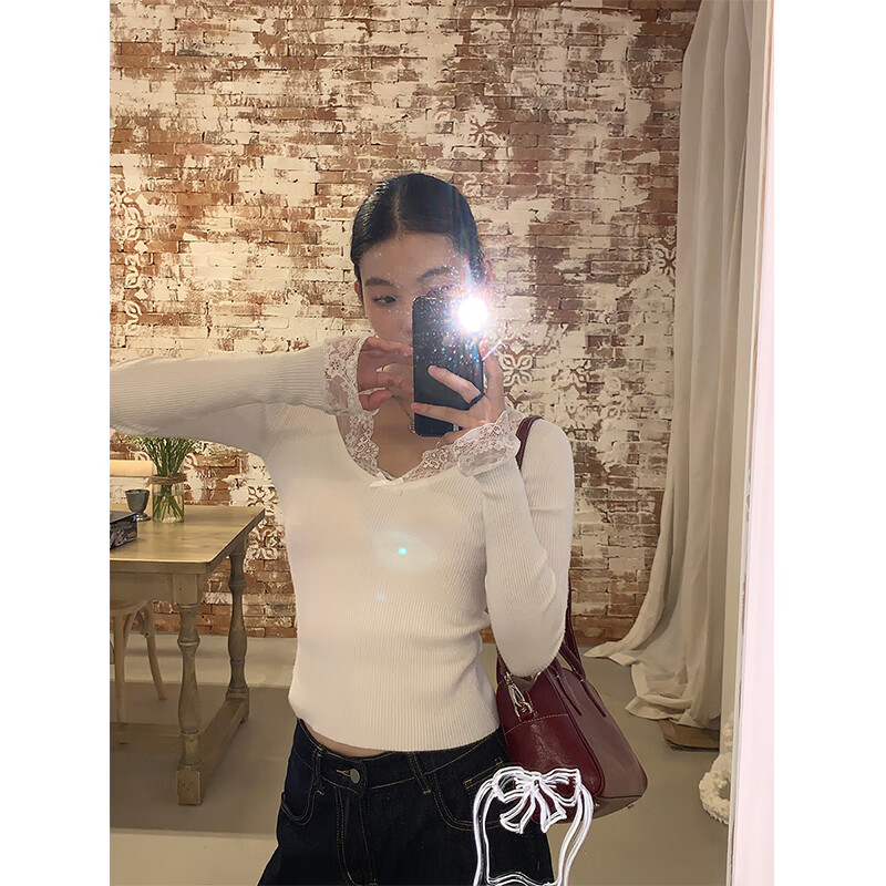 Ono Seven Days white sweater for women in spring and autumn, long-sleeved top, lazy, high-end pullover, retro lace sweater L