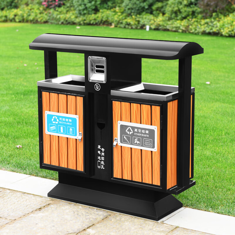 Maixiang sanitation outdoor trash can, two categories, new national standard customized sanitation peel box dry and wet separation large commercial steel wood trash bin outdoor park scenic spot property shopping mall