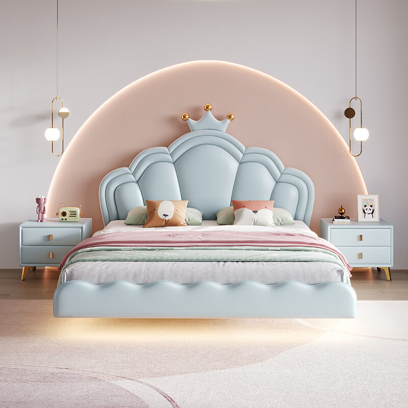 Cream style children's bed girl's dream internet celebrity princess bed cartoon cute shell crown leather girl's suspended bed bed + 20cmT333 fully disassembled spring latex mat + cabinet * 2 1500mm * 2000mm