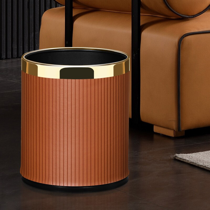 Mavobo trash can white stripes fashion home living room light luxury creative kitchen bedroom bathroom office large capacity without lid milk tea color 14L gold ring new product