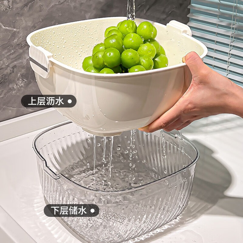 CCKO double-layered sink drain basket kitchen household fruit plate thickened large-capacity water filtering and washing vegetables storage basket medium double-layered draining basket milk white