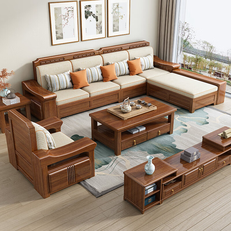 Jiangde Chinese solid wood sofa walnut living room modern simple small apartment chaise corner storage winter and summer dual-purpose furniture five-seater + corner cabinet + double seat + chaise + coffee table