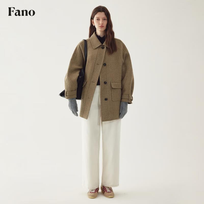 Fano studios Fan Luo Fano 50 wool French woolen short coat for women 2025 winter high-end commuting lapel woolen coat tobacco green S
