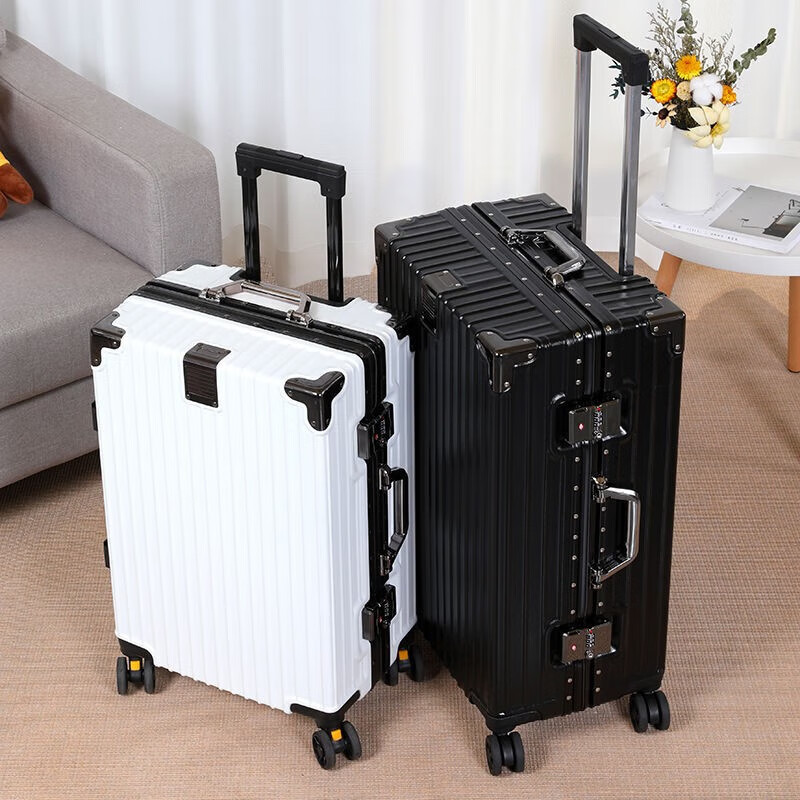 Qizhenge's new suitcase, aluminum frame trolley case, large-capacity password box for male students, good-looking suitcase for women, thickened leather suitcase, obsidian black, thickened and hardened - resistant to pressure and fall, 28 inches, large capacity - moving and shipping abroad
