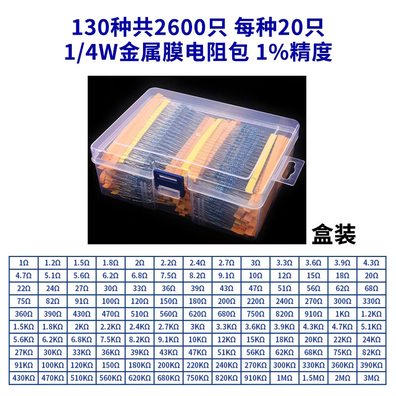 Noran 1/4W metal film resistor package 1% precision five-color ring resistor 130 kinds of 20 pieces each box