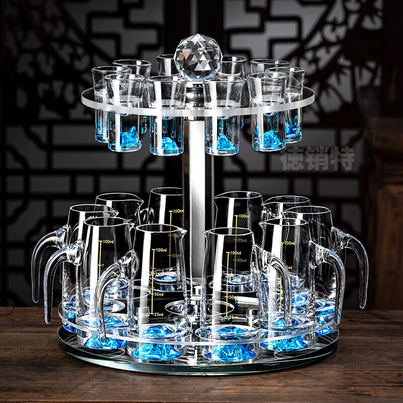 Depinte high-end liquor cup dispenser set rotating cup holder bullet cup wine glass wine set Blue Mountain wine dispenser set 10 pots 10 cups rotating cup holder