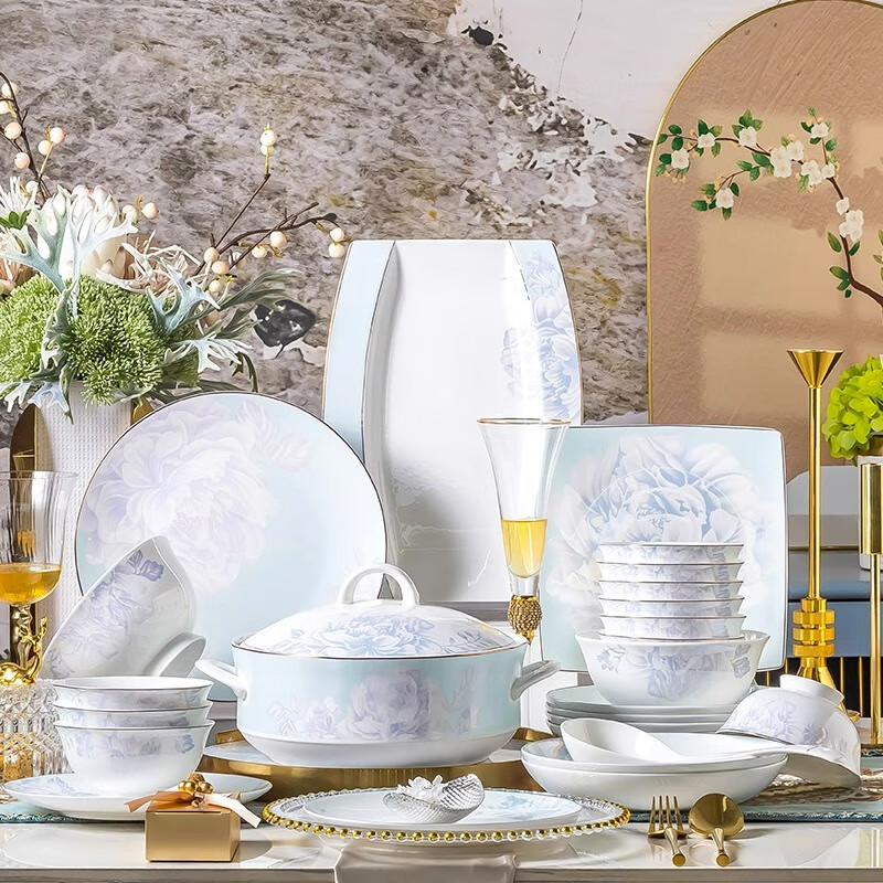 Chudi Jingdezhen Ceramics Housewarming Gift Tableware Complete Set of Household Ceramic Bowl Set Light Luxury High-end Bowls and Plates 12 People Food 60 Heads with Princess Pot Gift Box
