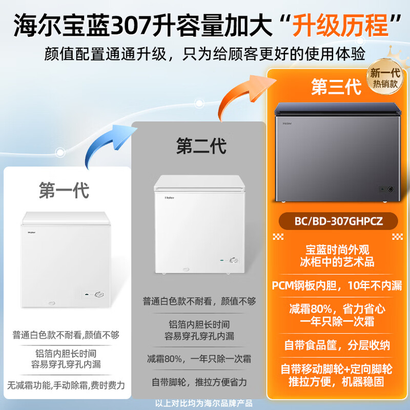 Haier sapphire blue 307 liter freezer household - 35 degrees ultra-low temperature large capacity without frequent defrosting 300 liters or more freezer refrigerator BC/BD-307GHPCZ national subsidy
