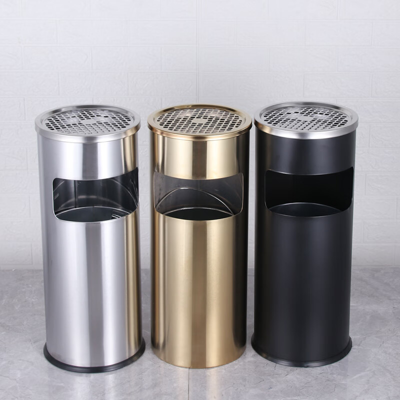 Stainless steel hotel lobby trash can cigarette butt column cigarette extinguisher bucket with ashtray outdoor smoking area elevator entrance vertical Lige round black