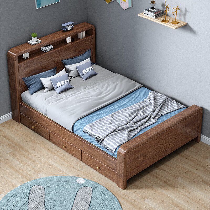 Chic Wood Language (BIEZHIMUYU) Walnut Bed New Chinese Bed Solid Wood Bed Teen Primary School Student Bedroom Luminous Storage Single Bed Storage Single Bed Single Bed + Drawer + Mattress + Bookshelf 1.2*2.0 meters (regular style)