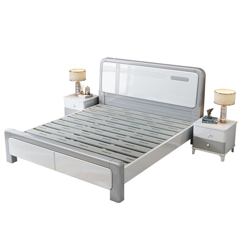 First year all solid wood bed light luxury bed modern simple master bedroom double bed white high box storage wedding bed bedroom furniture silent bed + bedside table * 1 + Tencel latex mattress 1.8 meters * 2 meters frame style