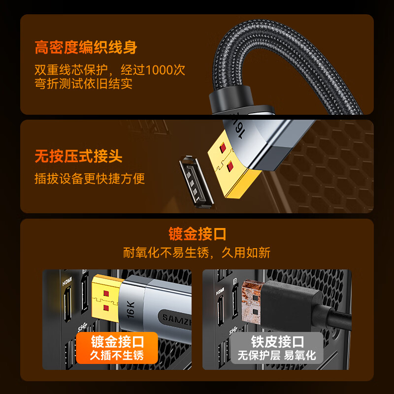 Shanze DP Cable 2.1 Professional Edition 16K HD Video Cable 10K60Hz 8K240Hz DisplayPort Computer Graphics Card to Monitor Gaming Cable 2 Meters PP20