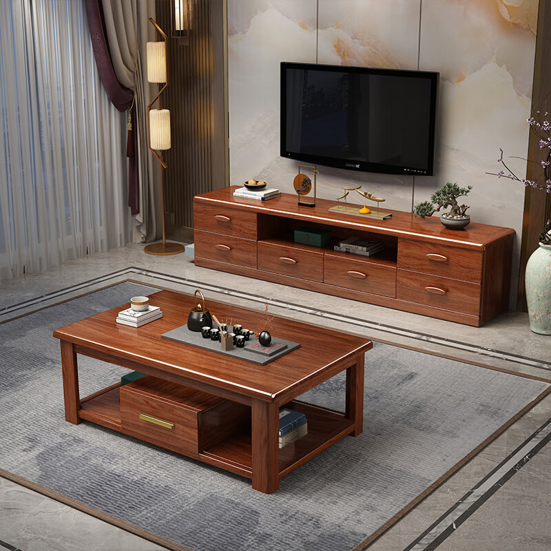 Hengyun TV cabinet golden walnut solid wood TV coffee table combination cabinet floor cabinet simple living room Chinese style boutique furniture 2.0m six-drawer TV cabinet golden walnut color